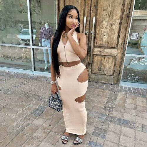 DSMTRC 2021 Sleeveless Hollow Out Sexy Zipper Top Maxi Dress 2 Piece Set Y2K Summer Women Fashion Streetwear Outfits Tracksuit