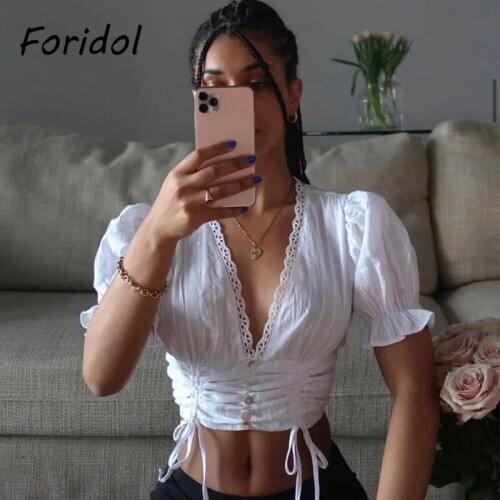 Foridol V Neck Ruched White Crop Tops Women Lace Button Lace Up Cotton Blouse Tops Puff Sleeve Summer Beach Cherry Print Tops