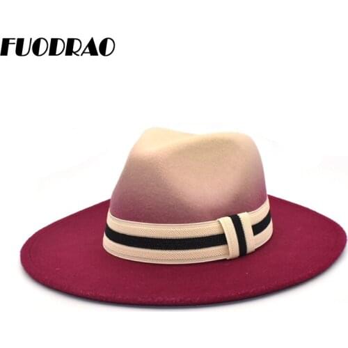 FUODRAO New Fedora Hat Women Winter Wool Ribbon Tie dye Panama High Quality Large Brim Jazz Cap Men Vintage Bowler Hats D18