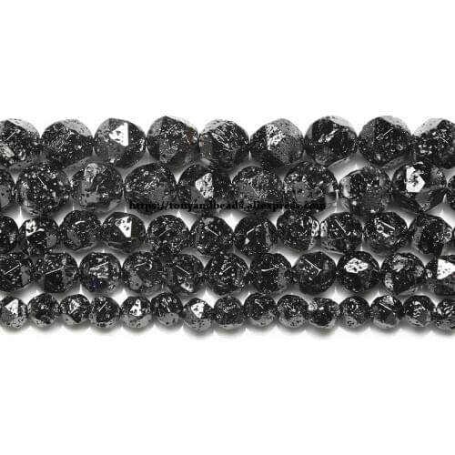 Natural Stone Big Cuts Faceted Gunmetal Black Plated Volcano Lava Round Loose Beads 15" Length 6 8 10 12MM