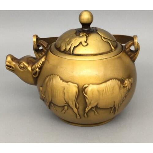 China brass five cow teapot crafts statue