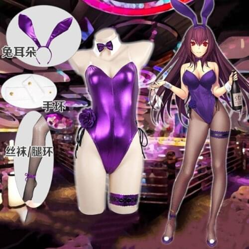 Fate Grand Order Game Cos Fgo Scathach Cosplay Costume Bunny Girl Jumpsuit With Purple Rabbit Hair Band Fishnet Stocking