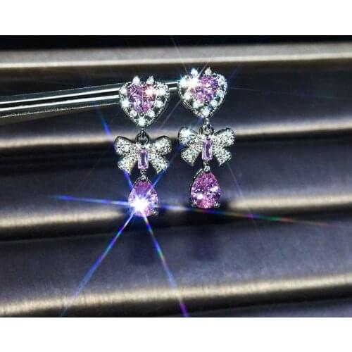 Fashion Bowknot Long Earrings Sweet Heart Elegant S925 Jewelry For Women Wedding Party Drop Earring Inlay Shiny Pink Zircon Gift