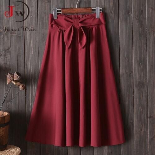 Fashion Summer Women Skirts 2021 High Waist Korean Preppy Style Girls Elegant Sweet Bow Ladies Solid Casual Midi Skirt Faldas
