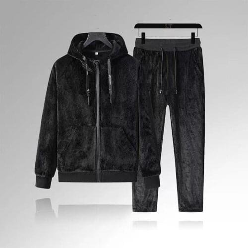 2021 autumn and winter mens sports casual suit hooded thick gold velvet jacket long-sleeved casual pants two-piece suit