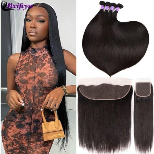 Peruvian Straight Hair Bundles With Frontal Bone Straight Human Hair Bundles With Closure Transparent Lace Frontal With Bundles