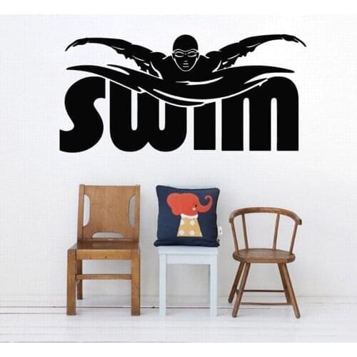 Swim Player Wall Decal Athletic Sports Vinyl Wall Sticker Gym Swimming Wall Art Mural Swim Words Decal Water Sport Poster AY850