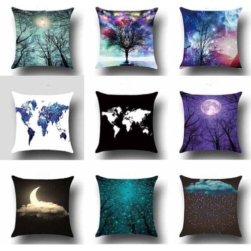 Hot Starry Sky Trees Cushion Covers Tranquil Scenery Misty Forest Creative World Map Pillow Covers Decorative Sofa Throw Pillows