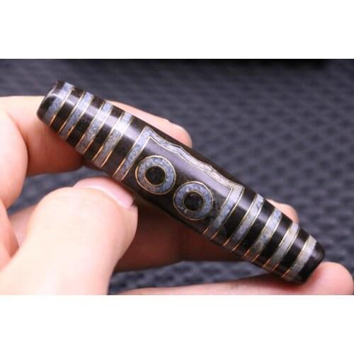 Real Treasure LKbrother High Quality Energy Magic Power Tibetan Old Agate 5 Eye 6 Stripe Gold Inlay Long dZi Bead 78MM Totem
