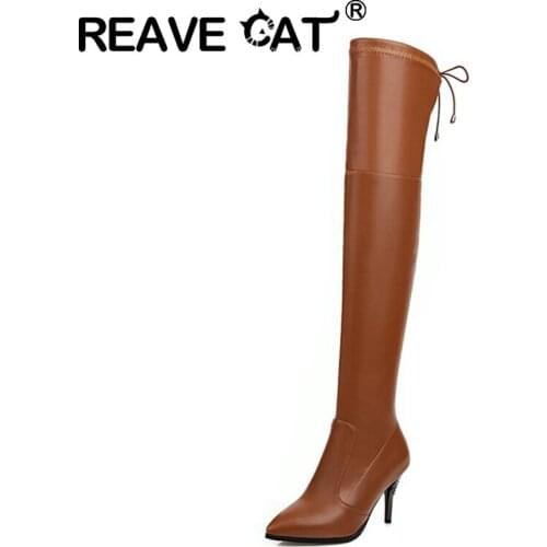 REAVE CAT 2021 Over The Knee Stretch Boots Zip Lace Up Pointed Toe 8.5CM Rhinestone Thin Heel US13 Silver Apricot Yellow A4441
