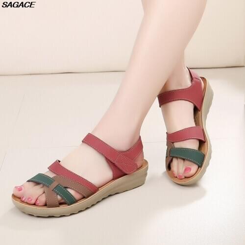 SAGACE Women Ladies Summer Fashion Leather Sandals Wedges Comfort Big Size Shoes Sandalia Feminina Beach Summer Shoes Praia C25