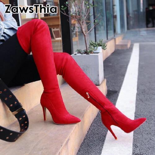 ZawsThia 2020 winter autumn sexy super thin high heels woman stretch booties pointed toe overknee boots thigh high boots women