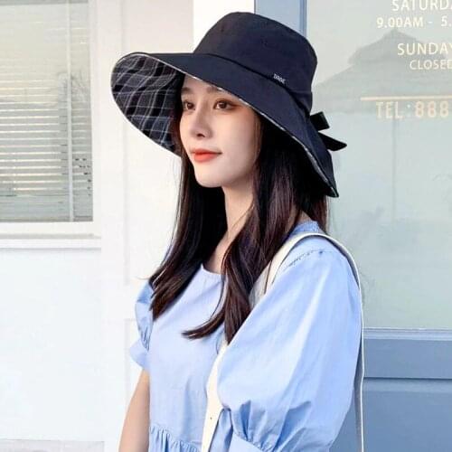 Hat girl spring and summer sunshade sunblock single side fisherman hat checked Korean edition bow big brim fisherman hat tide