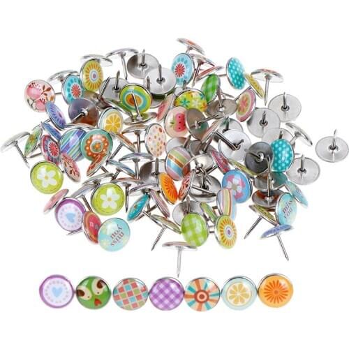 100pcs Fruits Flowers Colored Metal Push Pins Assorted Paper Map Cork Board Capped Fixing Thumbtack Pin Office School Supplies