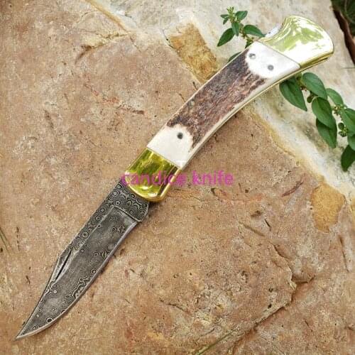 BACK 110 Folding Knife Forged Damascus Blade Brass+antlers Handle Clip Point Pocket Survival Tactical Hunting Camping EDC Knives