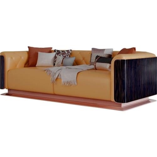 Modern head layer cowhide sofa living room combination ebony solid wood paint villa furniture