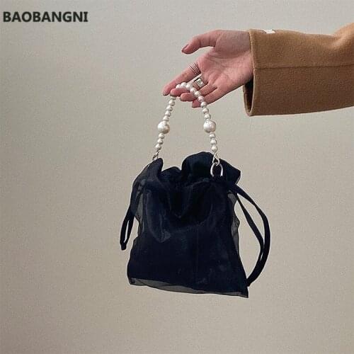 Vintage Girly Mesh Purse Handbags Pearl Chain Women Small Shoulder Messenger Bags Fashion Design Ladies Drawstring Storage Bag