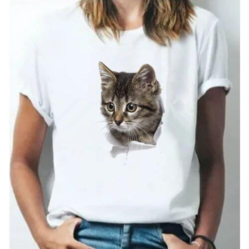 Funny Summer Naughty Cat 3D Lovely T Shirt Women Printing Originality O-Neck Short Sleeve T-shirt Tops Tee