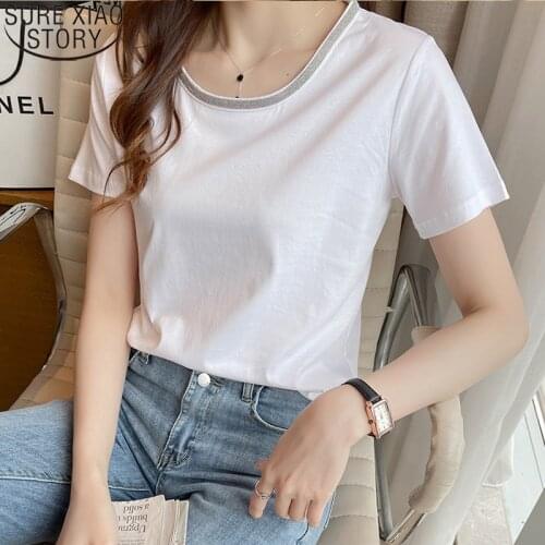 2021 Korean Fashion O-neck Short Sleeve White Black Tees Office Lady Mercerized Cotton T-shirt Women Summer Tops Tshirt 14801