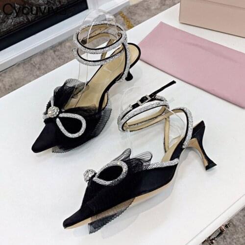 Mid Heels Women Summer Sandals Pointed Toe Rhinestone Bowknot Decor Ladies Mules Ankle Strap Wedding Crystal Shoes For Women