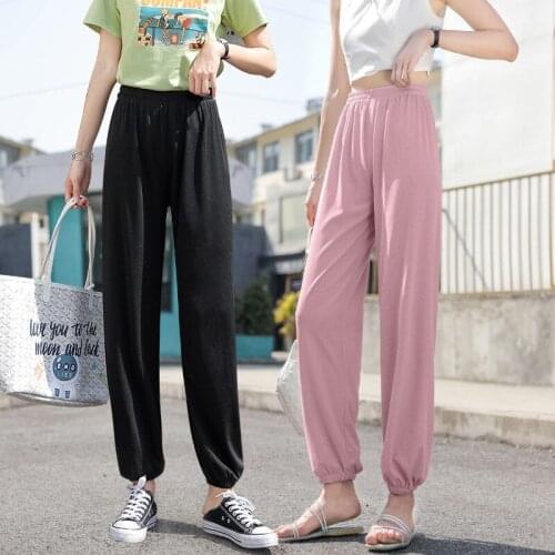 2021 Summer Women Harem Pants Elastic Waist Ice Silk Chiffon Sweatpants Solid Casual Trousers Pantalones De Mujer Femme X88
