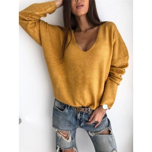 Women Casual Loose Knitted Top Autumn Winter Solid Color Basic Pullover Tops Long Sleeve V-neck T Shirt Clothing For Women
