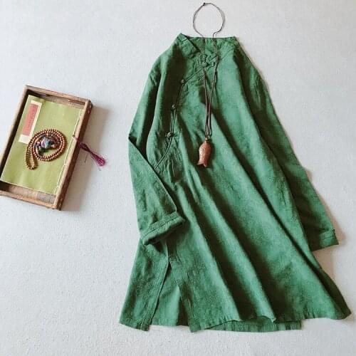 2021 Women Spring 2021 Cotton Linen Jacquard Chinese National Button Long Sleeve O neck Solid Color Vintage Robe Female