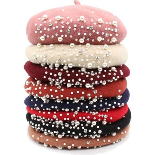 Women Girl Winter Beret Cap French Artist Warm Wool Beanie Hat with Diamond Pearls Elegant Vintage Plain Beret Hats Fashion Bone