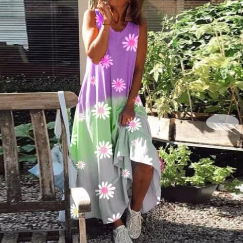 Women Casual Loose Beach Dress Fashion Chic Daisy Print Tie-Dye Midi Dresses 2021 Summer Female Sexy Sleeveless Tank Dress 2XL