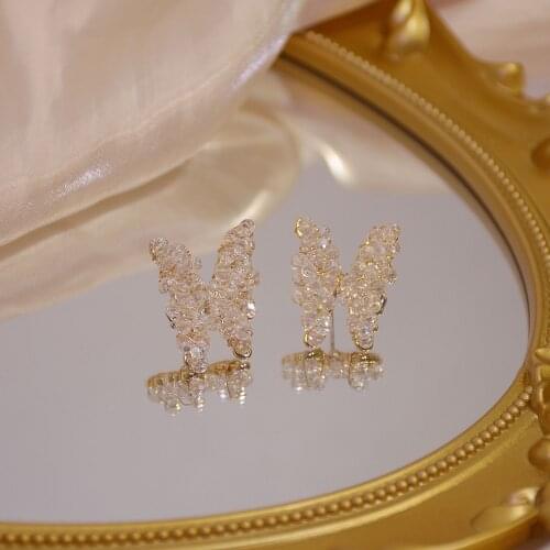 14k Real Gold Plated Fashion Jewelery Plaited Crystal Butterfly Exquisite Stud Earrings for Woman Holiday Party Elegant Earring