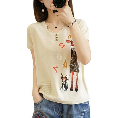 2021 spring and summer new womens V-neck short-sleeved sweater pullover cotton soft