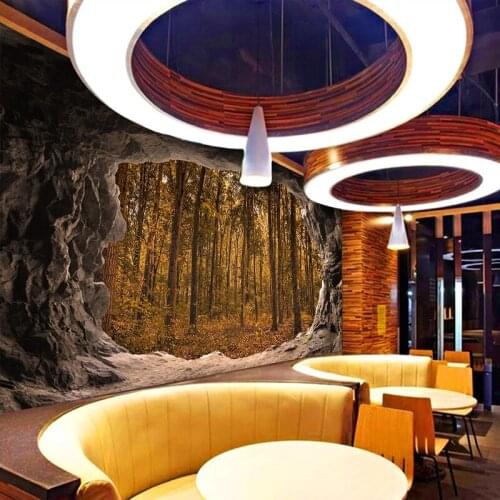 3D living room sofa TV cave cave visual extension background wall Nature Forest Wallpaper small restaurant decorative murals