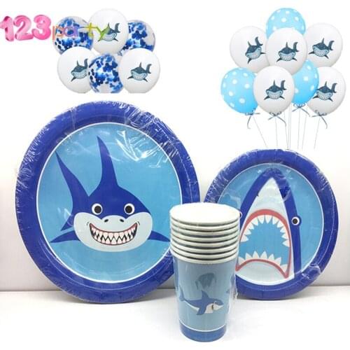 Angry Shark Kids Birthday decor Disposable Party Tableware Cup Plate Party Supplies Baby Shower Party Decoration ballon