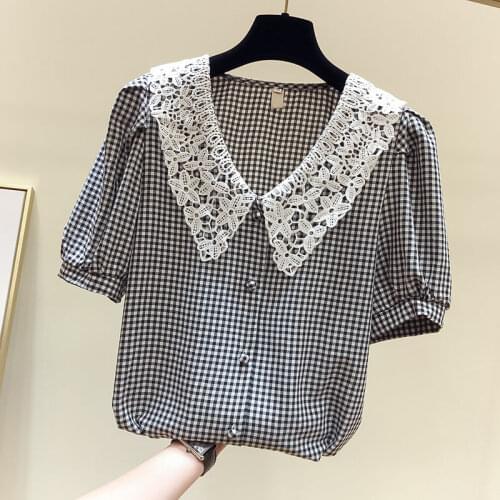 Summer New Female Peter Pan Collar Plaid Shirt Casual Women Short Sleeve Cotton Girls Blouse Plus Size Women Blouses Tops L244