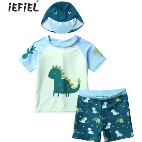 Kids Boys Short Sleeves Dinosaur Printed Two Pieces Tankini Swimsuit Sets Tops Bottoms Swimming Cap Set Swimwear Bathing Suit