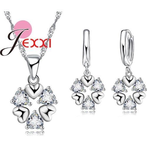 Elegant Heart Shape Wedding Bridal Jewellery Set For Women 925 Sterling Silver Crystal Necklace Earrings Set