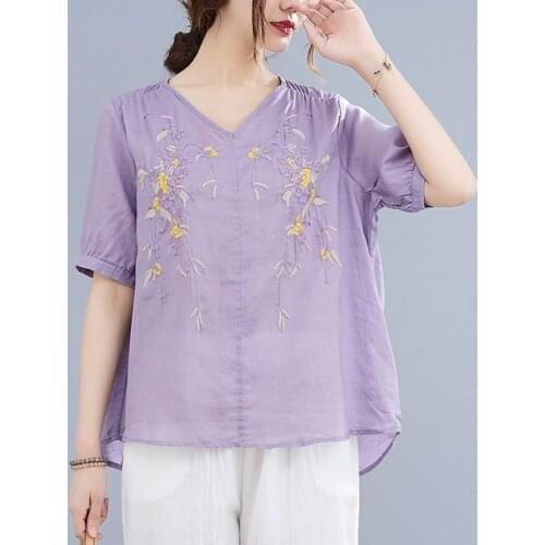 Women Cotton Linen Casual T-shirts New Arrival 2021 Summer Vintage Style V-neck Floral Embroidery Loose Female Tops Tees B456