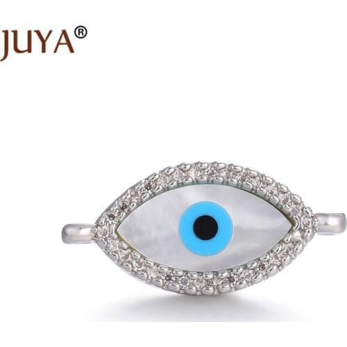 Juya new design micro pave cubic zirconia shell evil eye connectors charms for bracelets diy Accessories For Jewelry Making 2Pcs