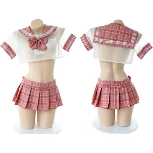 Lolita Sexy Roleplay School Girl Outfit Kawaii Lingerie Sets See Through Short Top Plaid Skirt Set Sailor Anime Cosplay Costumes