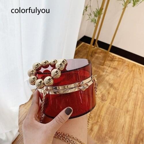 Fashion Transparent Acrylic Clutch for Women Party Evening Bag Purses and Handbags Golden Beads Handle Mini Bucket Bag 2021 New