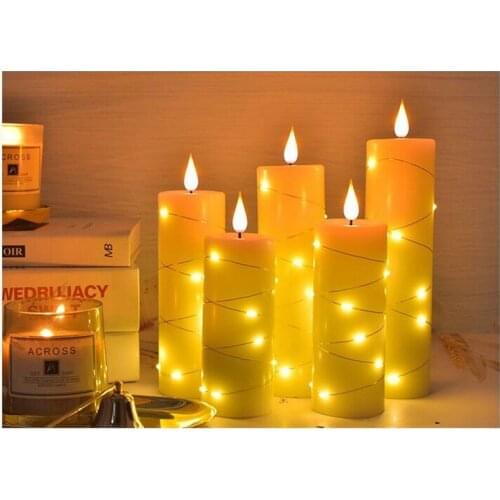 Set of 5 Remote controlled Flameless 3D Teardrop Wick Battery operated Paraffin Pillar Candle w/Led String Atmosphere Lighting