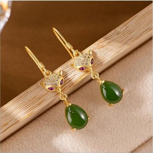 Natural Hetian Jasper water drop fox Earrings Chinese style retro original designer craft charm womens silver jewelry