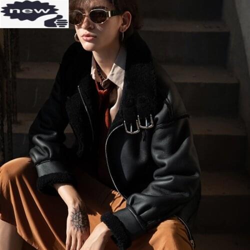 New Classic Women Real Fur Shearling Motorcycle Jacket Winter Thicken Wool Liner Reversible Genuine Leather Warm Sheepskin Coat