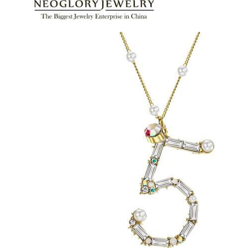 Neoglory Simulated Pearl Five Lucky Sweater Chain Necklace Long Austria Crystal Fashion Pendant Jewelry 2020New Gift