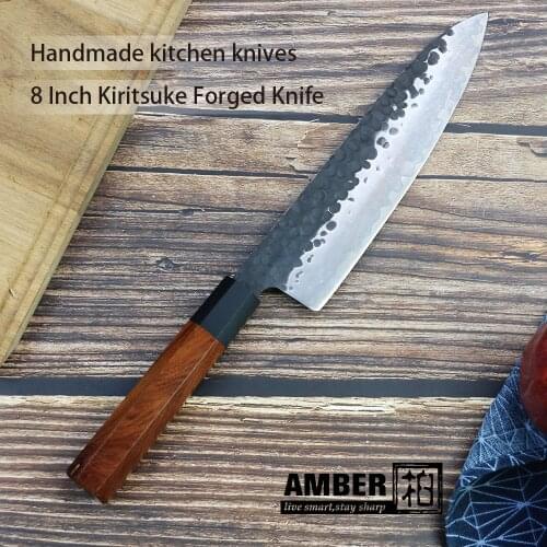 Amber 8" Handmade Professional Chefs Knife Kiritsuke Forged Knife Japanese Style Meat Cleaver Cooking Knife