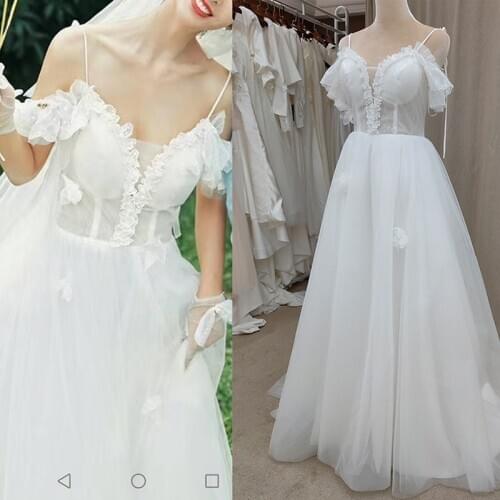 Real Photos Factory Price Spaghetti Straps Tulle Wedding Dress Floor Length Sweetheart Lace Rustic PhtotoShoot Bridal Gown 3131