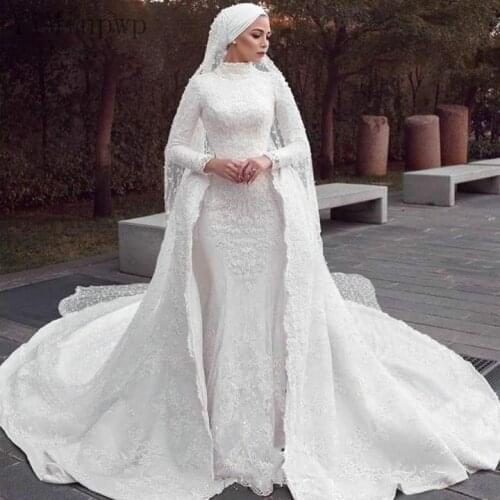 YiMinpwp Luxury Lace Mermaid Wedding Dresses With Detachable Train High Neck Long Sleeve Chapel Train Muslim Beads Bridal Gown