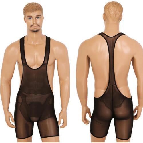 Sexy Men Mesh Sheer Bodysuit Wrestling Lingerie Sports Gym Leotard Jumpsuit Underwear Muscle Fetish Costume Plus Size