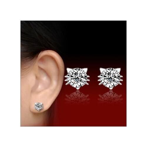 Real 925 Sterling Silver Jewelry For Women Cute Animal Cubic Zircon Cat Earring Stud Small Stud Earring For Girls Wholesale