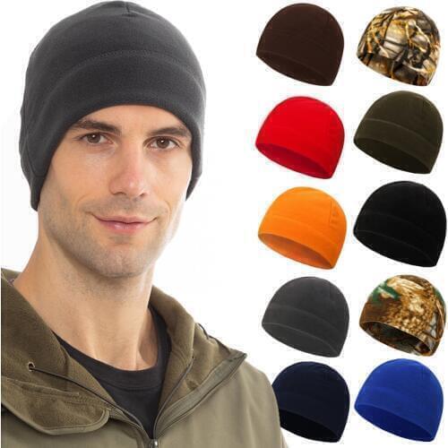 Mens Winter Warm Fleece Knitted Hat Outdoor Riding Hiking Mountaineering Windproof Cap Camouflage Solid Color Stretch Beanie